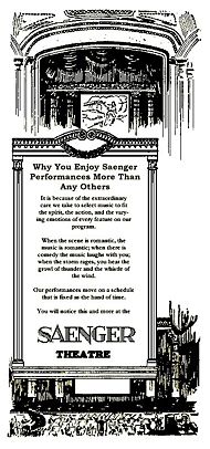 Advertisement for a Saenger Theatre