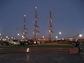The "Sunset Terrace" of Palafox Pier with visiting clipper ship Stad Amsterdam.